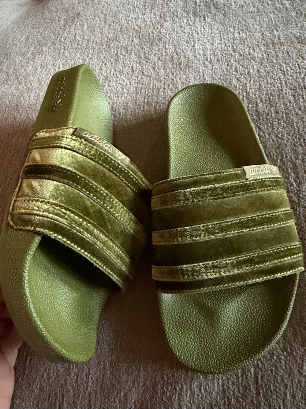 adidas Olive Green Velvet Slide Sandals with Striped Strap